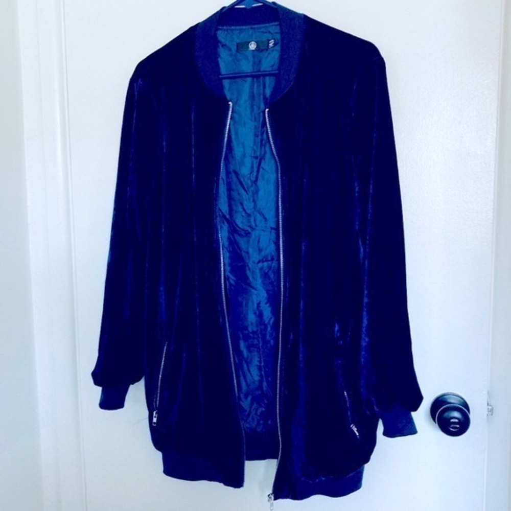 Blue Velvet Zip Front Bomber Jacket